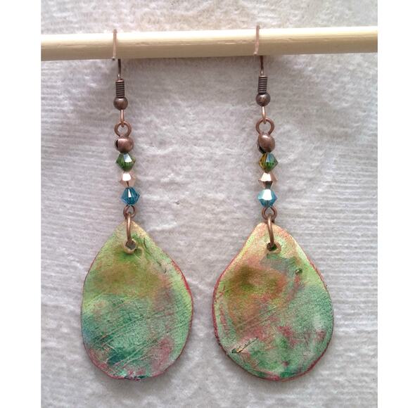 Artisan Copper Green Leaf Earrings Statement Dangles Colorful Swarovski Crystals - Picture 4 of 11